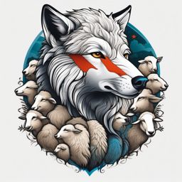 Wolf in Sheep's Clothing Tattoo,clever disguise, wolf hidden among the sheep, metaphor for the deceptively innocent. , color tattoo design, white clean background