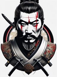 Samurai tattoo in a timeless, reflective gaze.  color tattoo,minimalist,white background