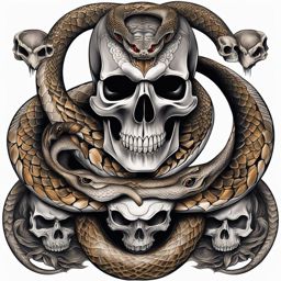 Snake with skull tattoo, Tattoos that combine the symbolism of snakes with skull imagery. colors, tattoo patterns, clean white background