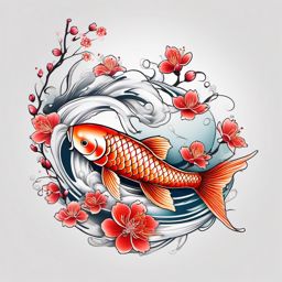 Koi Fish and Cherry Blossom Tattoo,a harmonious tattoo uniting koi fish and cherry blossoms, symbolizing transformation and beauty. , color tattoo design, white clean background