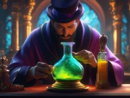 Alchemist creates potion that grants immortality but at great cost. hyperrealistic, intricately detailed, color depth,splash art, concept art, mid shot, sharp focus, dramatic, 2/3 face angle, side light, colorful background