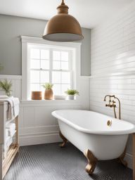 farmhouse bathroom with a clawfoot tub and subway tile walls. 