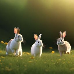 far shot of 3 cute rabbits far apart hopping on a meadow realistic 4k