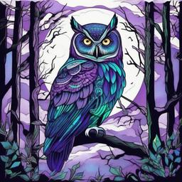 purple blue green owl in a forest with full moon tattoo  ,tattoo design, white background