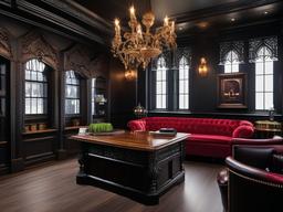 In the office break room, Gothic interior design includes rich colors, vintage furnishings, and ornate decor that encourages relaxation and socialization among employees.  