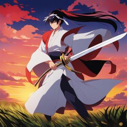 katanagatari,shichika yasuri,showcasing his sword-fighting skills,an open field at dawn anime, anime key visual, japanese manga, pixiv, zerochan, anime art, fantia