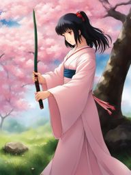 kagome higurashi fires a sacred arrow at menacing youkai amidst cherry blossoms. 