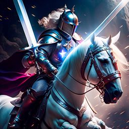 brave knight in gleaming armor, wielding a massive sword and charging into battle. 