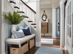 Coastal entryway features light blue accents, nautical decor, and natural light, bringing a relaxed beach vibe to the entry space.  