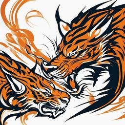 Dragon Fighting Tiger Tattoo - Dynamic tattoo featuring a dragon in combat with a tiger.  simple color tattoo,minimalist,white background