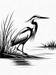 Heron Tattoo - Heron wading in a shallow marsh  few color tattoo design, simple line art, design clean white background