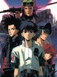 In a cyberpunk dystopia, an enigmatic anime boy leads a rebel group against a tyrannical regime, revealing unexpected alliances and betrayals.  1990s anime style