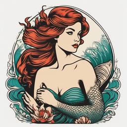 Vintage Mermaid Tattoo - Capture the charm of a bygone era with a vintage-inspired mermaid-themed tattoo.  simple vector color tattoo,minimal,white background