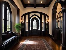 In the entryway, Gothic interior design showcases grand arches, dark wood accents, and flickering candlelight that provide an impressive and mysterious first impression.  