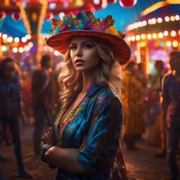 Mysterious carnival appears in town, but it's not as it seems, and visitors vanish. hyperrealistic, intricately detailed, color depth,splash art, concept art, mid shot, sharp focus, dramatic, 2/3 face angle, side light, colorful background