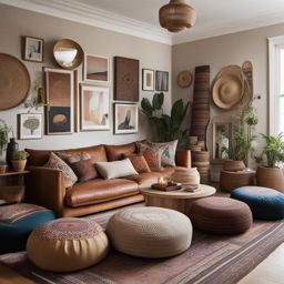 boho-chic living room with floor cushions and a gallery wall of art. 