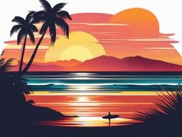 Surfboard and Sunset on a Tropical Beach Clipart - A surfboard on a tropical beach during a vibrant sunset.  color vector clipart, minimal style