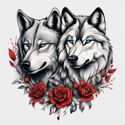 Wolf Couple Tattoos,tattoos celebrating the bond between a pair of wolves, representation of love and partnership in the wild. , color tattoo design, white clean background