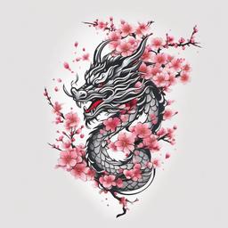 Cherry Blossom Dragon Tattoo - Mythical and powerful, combining the symbolism of dragons with the delicate beauty of cherry blossoms.  simple color tattoo,white background,minimal