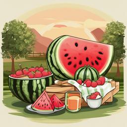 Watermelon clipart - whole watermelon with a picnic setting  