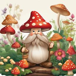 Mushroom clipart - mushroom with a gnome in a garden  