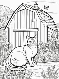 Farm Animal Coloring Pages - Cat chasing butterflies around the barn  simple coloring pages