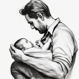 drawing of a man holding a baby  minimal rough sketch scribbles,doodles,black and white