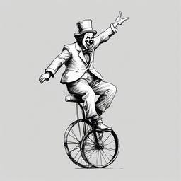 drawing of a clown on a unicycle  minimal rough sketch scribbles,doodles,black and white