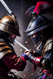honorable samurai facing an opponent in a ceremonial duel, katana raised. 