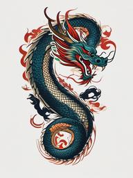 Eastern Dragon Tattoo - Traditional tattoo featuring an eastern-style dragon.  simple color tattoo,minimalist,white background
