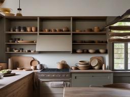 In the kitchen, Wabi Sabi interior design includes open shelving, rustic ceramics, and a muted color scheme that enhances the space with warmth and authenticity.  