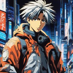 A cybernetically enhanced anime boy faces identity struggles in a futuristic city, torn between his human emotions and machine-like precision.  1990s anime style