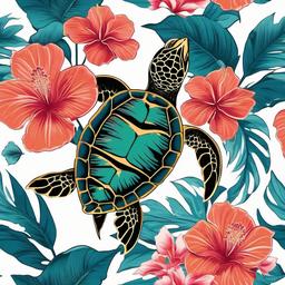 Sea Turtle and Hibiscus Tattoo - Combine the symbolism of sea turtles with the tropical allure  simple color tattoo, minimal, white background