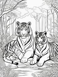 Tiger Coloring Pages - Tiger family enjoying a serene forest  simple coloring pages