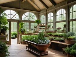 The greenhouse showcases American Colonial interior design with traditional shelving, elegant planters, and natural light that creates an inspiring environment for gardening and plant care.  