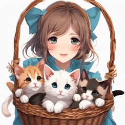 Adorable anime girl with a basket of kittens.  front facing ,centered portrait shot, cute anime color style, pfp, full face visible