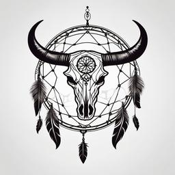 Bull Skull Dream Catcher Tattoo - Tattoo combining a dream catcher with bull skull motifs.  simple vector tattoo,minimalist,white background