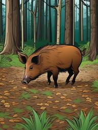 Wild Boar cartoon - Wild Boar rooting in the forest floor  