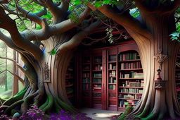 elf village library adorned with ethereal tree bark bookshelves and elven calligraphy. 