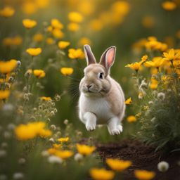 adorable bunny hopping through a field of wildflowers. 