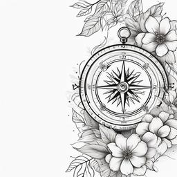 Compass Tattoo with Flowers - Compass tattoo adorned with floral elements.  simple vector tattoo,minimalist,white background