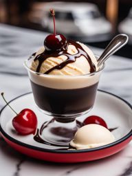 vanilla ice cream served in a classic diner, topped with hot fudge and a cherry. 