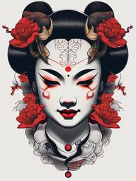 Hannya and Geisha Tattoo - A combination of the iconic Hannya mask and the grace of a Geisha in tattoo art.  simple color tattoo,white background,minimal