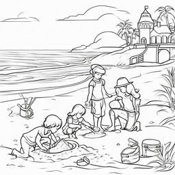 Children building a sandcastle on the beach  simple coloring pages