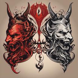 Devil and God Tattoo-Bold and dynamic tattoo featuring a depiction of the devil and God, capturing themes of duality and divine power.  simple color vector tattoo