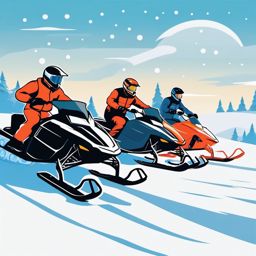 Snowmobile Racing Speed Clipart - Snowmobilers racing at high speeds on a snow track.  color vector clipart, minimal style