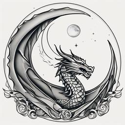 Dragon and Moon Tattoo - Mystical tattoo featuring a dragon and the moon.  simple color tattoo,minimalist,white background