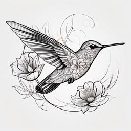 Hummingbird Tattoo - Hummingbird hovering near a blooming flower  few color tattoo design, simple line art, design clean white background