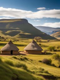 south african rondavels, with thatched roofs, blend into the landscapes of lesotho. 