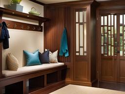 Asian Fusion mudroom blends practical design with decorative elements inspired by various Asian cultures for a tranquil and organized space.  